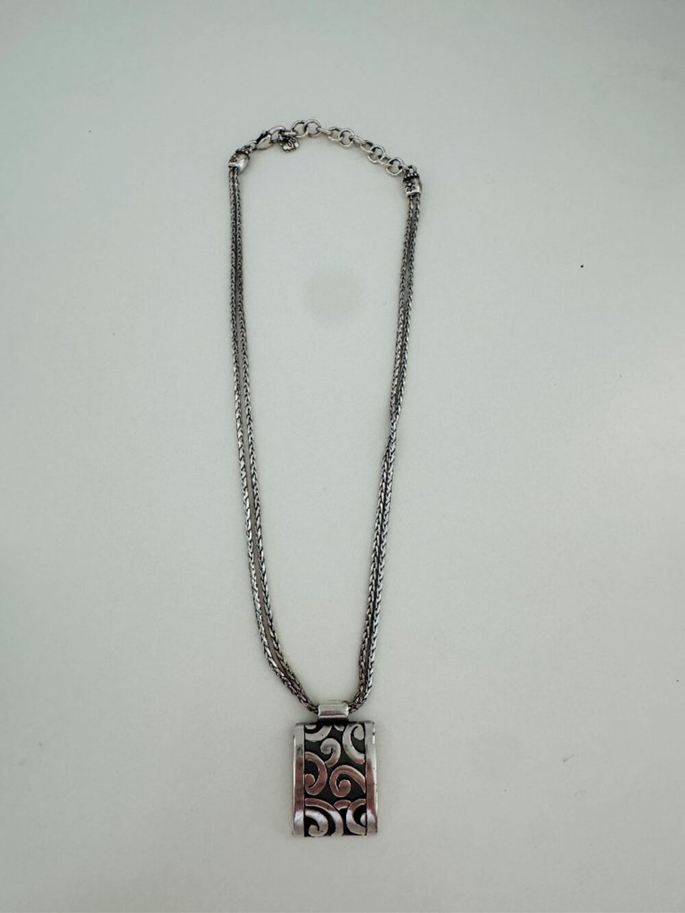 Brighton Deco Lace Necklace Double Strand Chain Silver Plated Rectangular Pendan